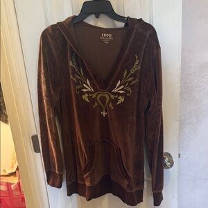 Izod Chocolate Velour Hoodie with Embroidered Pattern